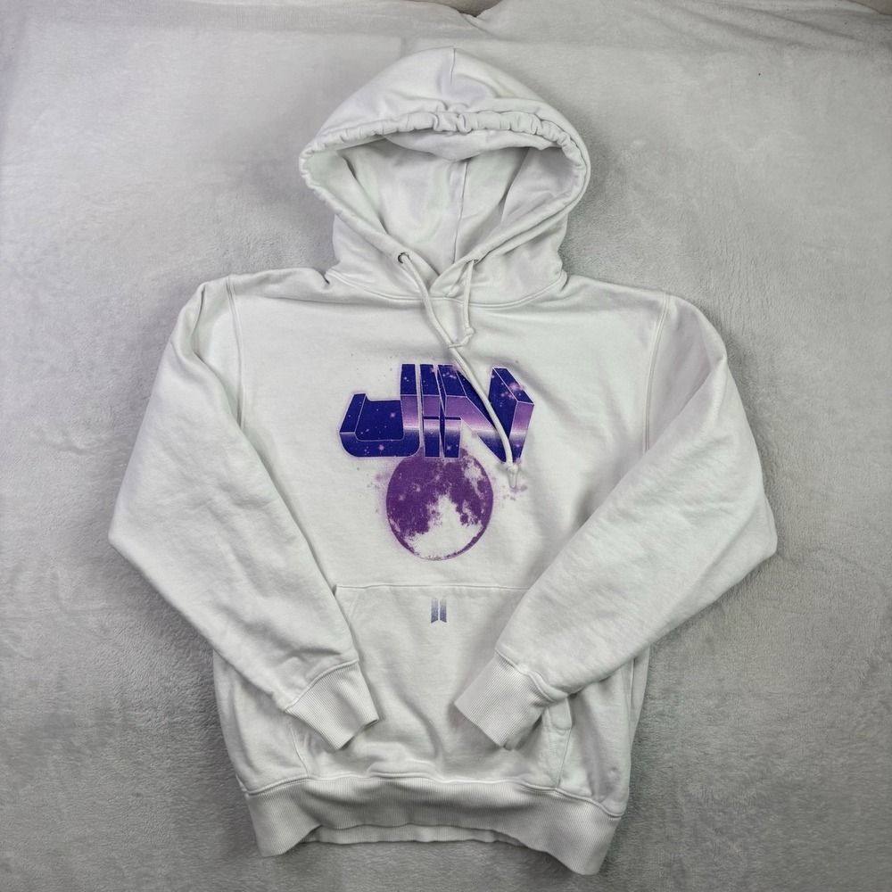 BTS Jin Pullover Long Sleeve White Hoodie Graphic Women's Medium